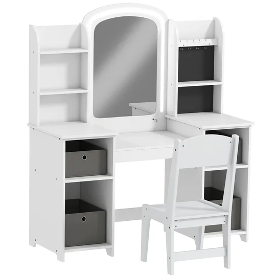 AIYAPLAY Coiffeuse pour enfants avec tabouret et miroir LED, table de maquillage pour 3 à 8 ans, 104 x 40 x 112 cm, blanc