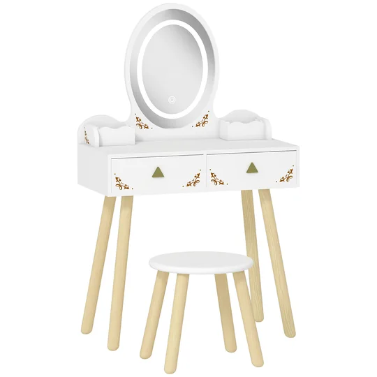 AIYAPLAY Coiffeuse pour enfant 2 en 1 bureau enfant fille avec miroir à LED 3 couleurs et tabouret 60x30x99,3 cm blanc