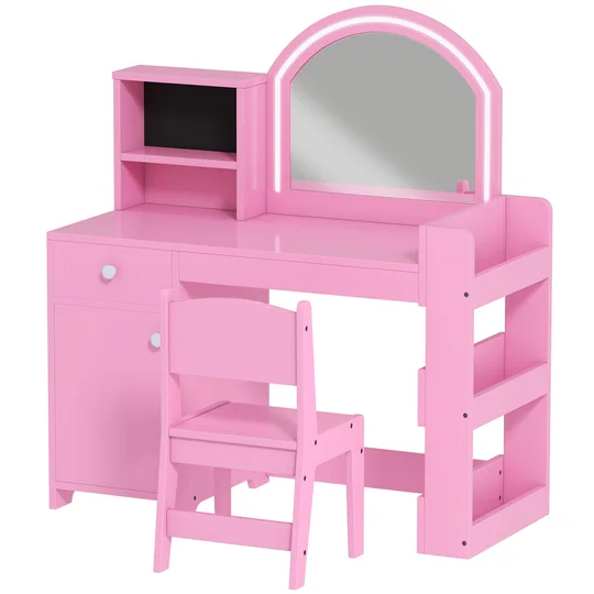 AIYAPLAY Coiffeuse pour enfants avec tabouret et miroir LED, table de maquillage pour 3 à 8 ans, 88,6 x 38,8 x 96,9 cm, rose