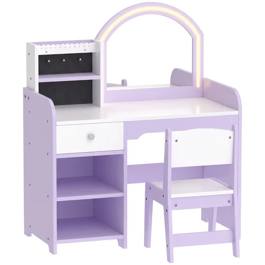 AIYAPLAY Coiffeuse pour Enfants avec Tabouret et Miroir en Acrylique à Éclairage Bicolore Coiffeuse Bureau Fille 3-8 Ans Violet