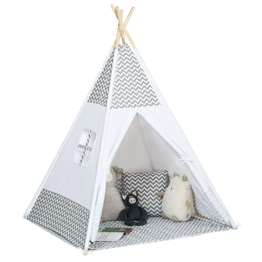 HOMCOM Tente Teepee Indien Tente de jeu pour Enfant  1,2L x 1,2I x 1,55H m – Porte refermable Fenêtre Tapis Coussin Sac Transport Inclus Gris Blanc
