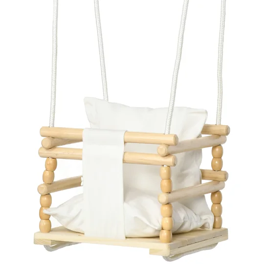 AIYAPLAY Balançoire pour Enfants 9-36 Mois en Bois et Coton avec Corde Réglable et Coussin, 30x30x110-180 cm