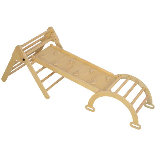 AIYAPLAY 5 en 1 Triangulaire de Montée en Bois Pliable avec Rampe Grimpeur d&rsquo;Arche pour Enfants 178×64,5×63 cm Bois Naturel