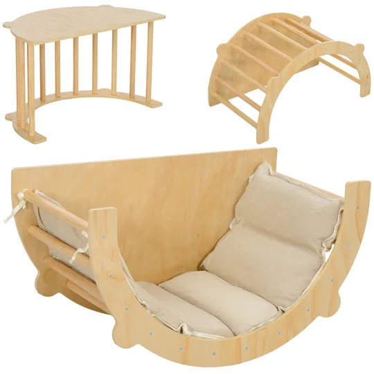 AIYAPLAY 3 en 1 Arche d&rsquo;escalade fauteuil à bascule et table de jeu coussin, en bois naturel, pour enfants de 18 à 48 mois