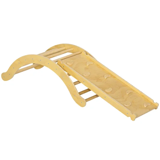 AIYAPLAY 4 en 1 Arche escalade enfants, chaise à bascule, rampe d&rsquo;escalade double face et coussin, 168×49,5×39,5cm, bois naturel