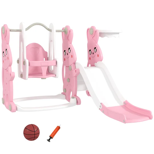 AIYAPLAY Toboggan et balançoire pour enfants 4 en 1 avec panier de basket, toboggan, balançoire, 147,5x160x107cm, rose