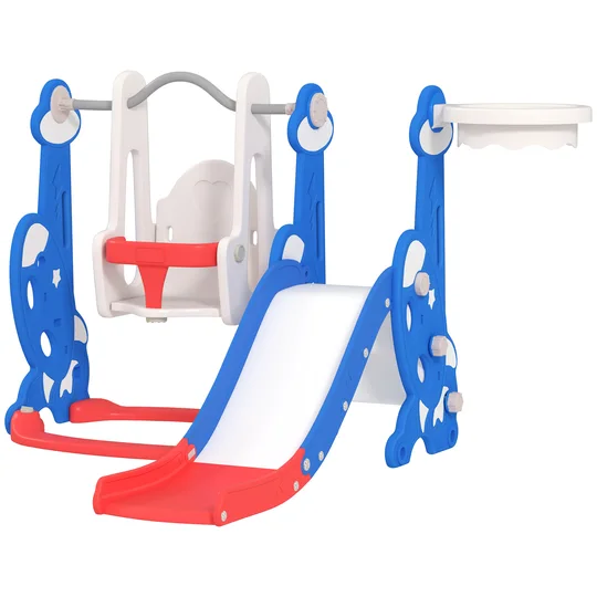 AIYAPLAY Toboggan pour Enfants 4 en 1 avec Balançoire, Échelle d&rsquo;Escalade et Panier de Basket, 18-48 Mois, Bleu foncé