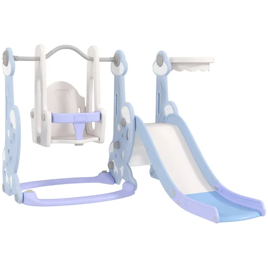 AIYAPLAY Toboggan et balançoire pour enfants 4 en 1 avec panier de basket et échelle, 147,5 x 160 x 107 cm, bleu clair