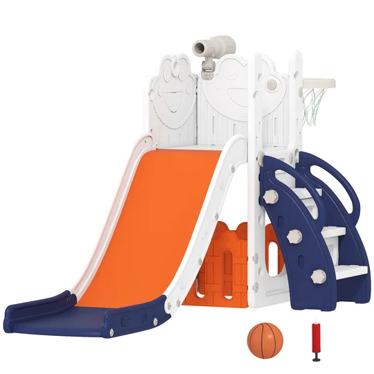AIYAPLAY Toboggan pour tout-petits 5 en 1 toboggan autoportant pour enfant avec panier de basket, télescope, 178x70x86cm, jaune