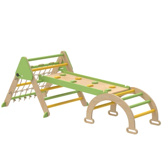 AIYAPLAY Triangle d’escalade enfants 8 en 1 avec rampe double face, arc d’escalade en bois avec toboggan & échelle, vert
