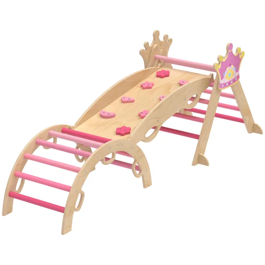 AIYAPLAY 8 en 1 Triangle d&rsquo;escalade en bois Structure d&rsquo;escalade Montessori Thème couronne avec arche et rampe Rose