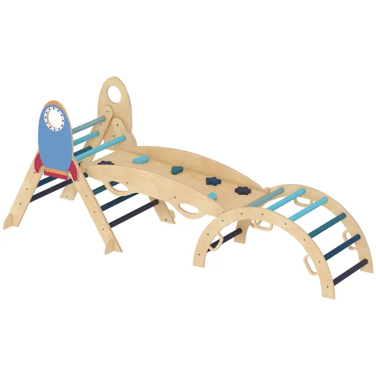 AIYAPLAY Triangle d’escalade Montessori en bois 7 en 1 thème fusée avec arc et rampe pour enfants de 18-48 mois Bleu