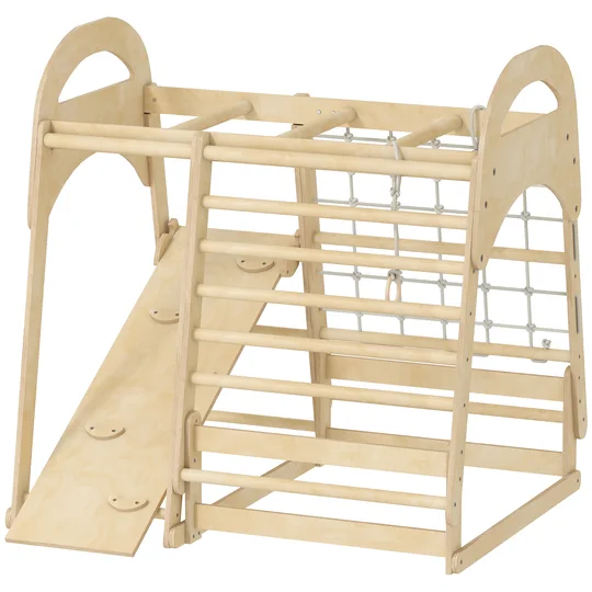 AIYAPLAY Module d’escalade intérieur, design 6-en-1, toboggan, barres d’escalade, mur d’escalade, échelle, filet d’escalade, 3-6 ans, bois