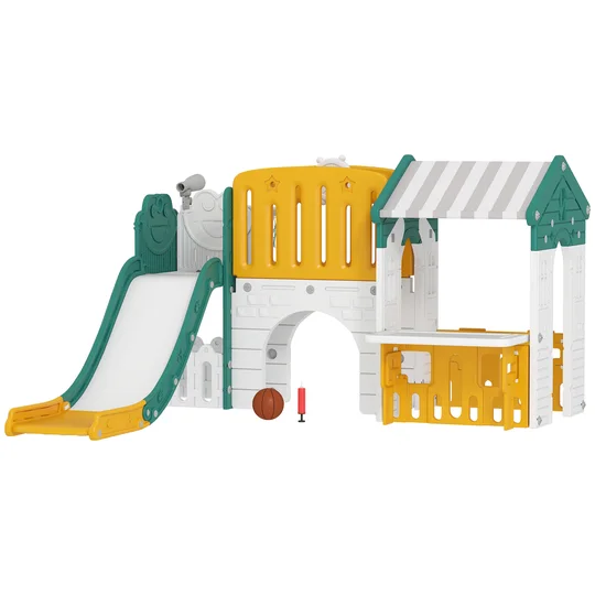 AIYAPLAY Toboggan 7-en-1, aire de jeu intérieure, structure d&rsquo;escalade, maisonnette, tableau, panier de basket, 1-4 ans, plastique, Jaune+Vert
