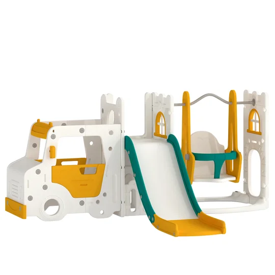 AIYAPLAY Ensemble Toboggan et Balançoire 7 en 1 pour Enfants, Aire de Jeux Intérieure, Thème Voiture, pour 1-4 Ans, Blanc