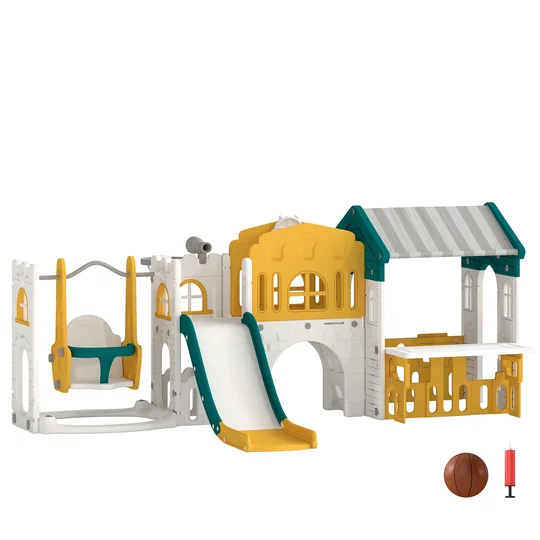 AIYAPLAY Ensemble Toboggan et Balançoire 11 en 1 Enfants, Aire de Jeux Intérieure, Maisonnette, Panier de Basket, 1-4 Ans, Jaune