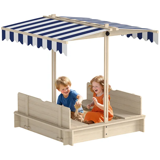 Outsunny Bac à sable carré en bois pour enfants dim. 106L x 106l cm avec bancs et couvercle – auvent réglable-AOSOM.fr