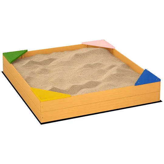 Outsunny Bac à sable carré en bois pour enfants 4 assises en coin et film protection 109 x 109 x 19,8 cm bois naturel