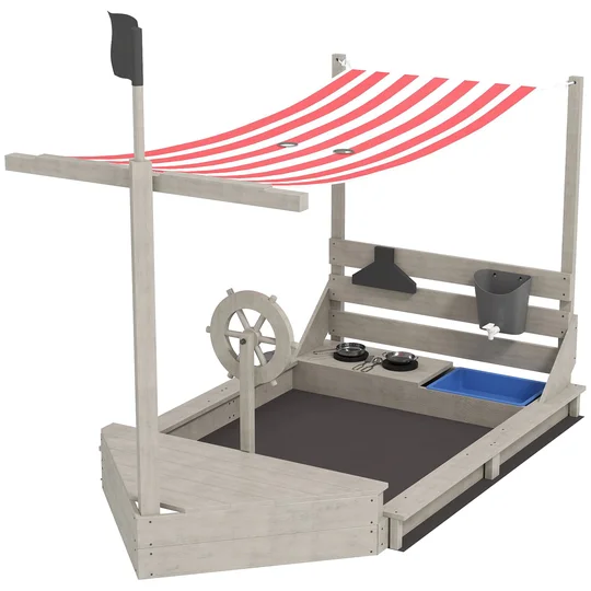 Outsunny Bac à Sable de Navire de Pirates avec Auvent, Inclut Ensemble de Jeu de Cuisine pour Enfants, Bois Massif, 180 x 103 x 144,5 cm, Gris