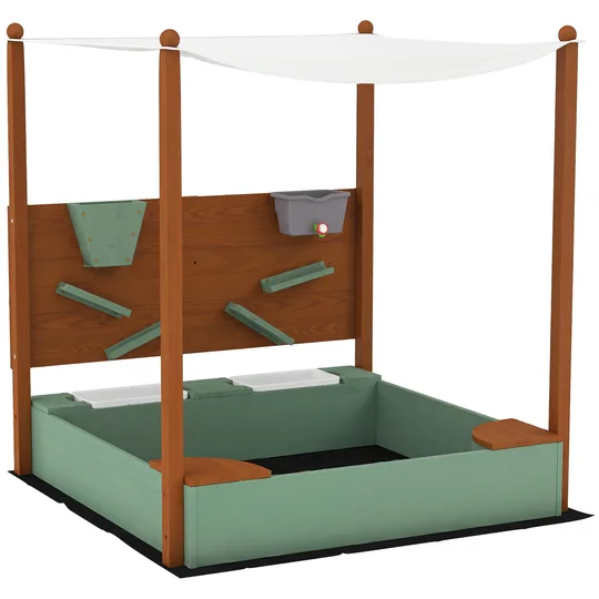 AIYAPLAY Bac à sable en bois avec toit Bac à sable pour enfants avec 2 sièges 2 bacs robinet entonnoir 116×112,5×128 cm Vert
