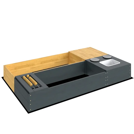 AIYAPLAY Bac à sable 2 pièces 150x90cm bac en bois avec banc rangement cuisinière évier amovible perles d&rsquo;abaque jaune