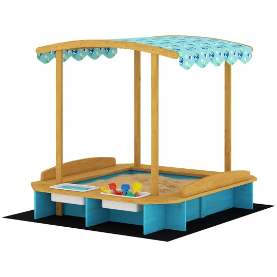 AIYAPLAY Bac à sable en bois avec toit 3 bancs 2 coffres en PP doublure pour enfants de 3-6 ans 128x118x121 cm Bleu