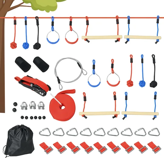 Outsunny Parcours d’obstacles ninja pour enfants 30 accessoires et sac de transport 10 m de slackline bleu noir rouge