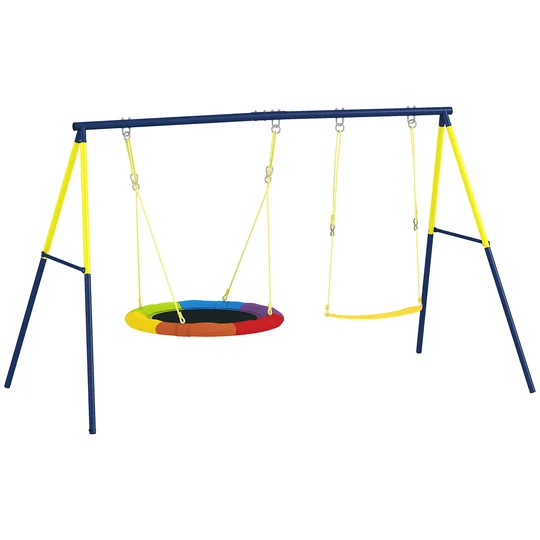 AIYAPLAY Balançoire portique pour enfant avec double  balancelles, cordes réglables, cadre en acier, pour 3-8 ans, multicolore