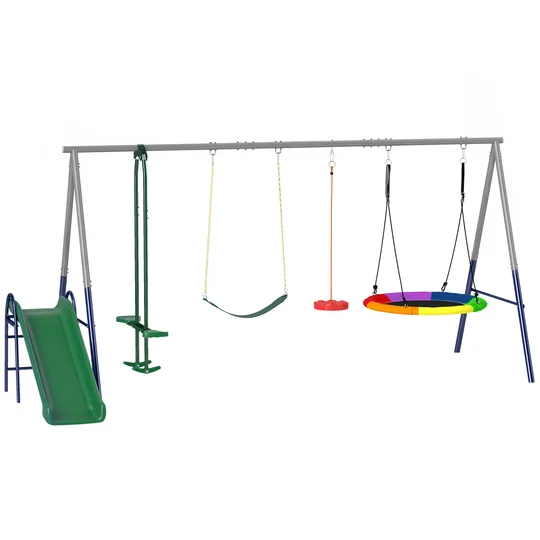 AIYAPLAY Balançoire Portique Enfants 5 en 1 avec Toboggan, 3 Balançoire, Face à Face, Hauteur Réglable, 3-8 ans, Multicolore
