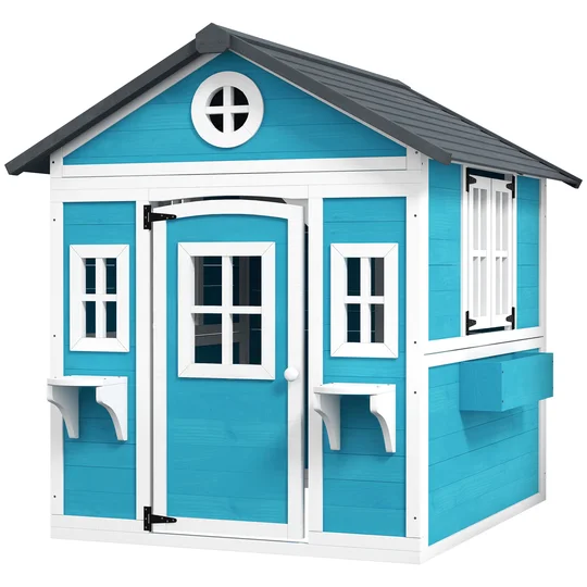 Outsunny Cabane enfant extérieur maison enfant extérieure avec porte fenêtres et jardinières 114 x 126,4 x 135 cm bleu