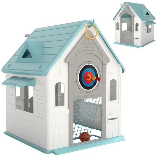 AIYAPLAY Cabane enfant extérieur 5 en 1, maison enfant extérieure avec panier de basket, ballon de football, 132x118x124cm, beige