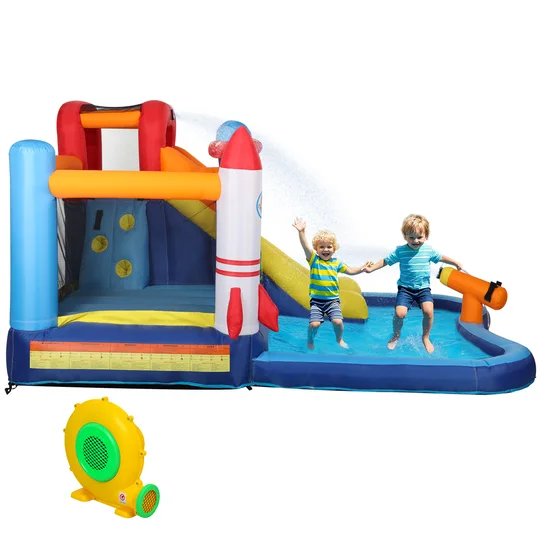 AIYAPLAY Château Gonflable 5 en 1 avec Toboggan Piscine de Chapoteo et Canon à Eau avec Gonfleur de 550W et Sac de Transport