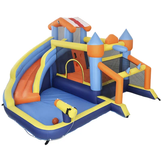 AIYAPLAY Château gonflable avec souffleur 8 en 1, parc aquatique, toboggan, trampoline, piscine à balles, multicolore