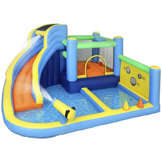 AIYAPLAY Château gonflable avec souffleur 8 en 1, parc aquatique, toboggan, trampoline, piscine à balles, oxford, multicolore