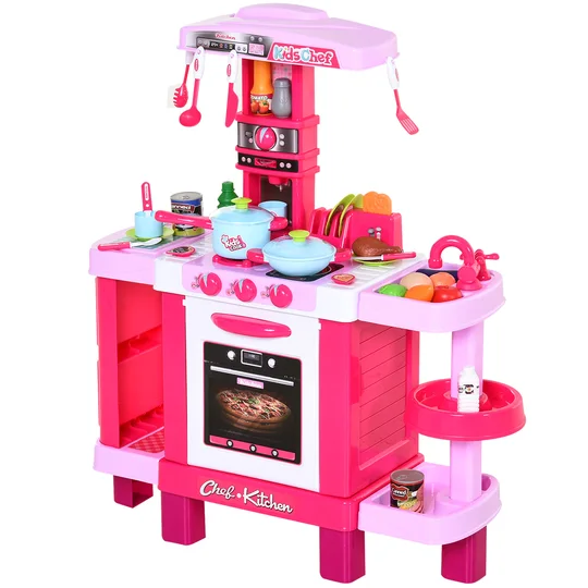 HOMCOM Cuisine pour Enfant Recettes Jeu d’imitation 38 Accessoires Inclus Sons et lumières polypropylène Rose