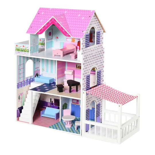 HOMCOM Maison de poupée en bois  jeu d’imitation grand réalisme  3 étages avec escalier et cour  meubles et accessoires inclus  86 x 30 x 87 cm rose