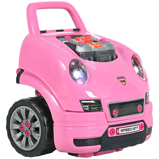 HOMCOM Camion mécano 2 en 1 jouet bricolage enfant jeu d’imitation mécanicien nombreux qccessoires total de 61 pièces rose