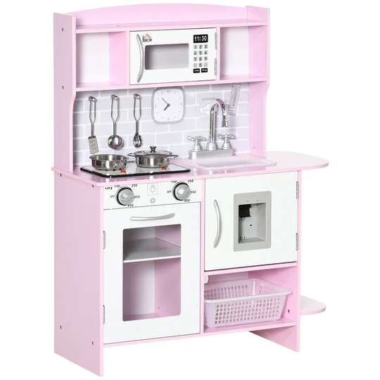 HOMCOM Cuisine Jouet pour Enfants avec Plaques, Lumières et Sons, Micro-ondes, Distributeur d&rsquo;Eau, 3-6 Ans, Rose