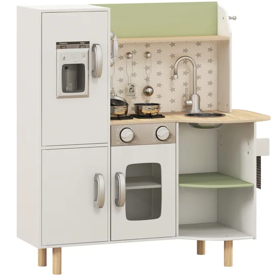 AIYAPLAY Cuisine enfant 3-8 ans jeu d&rsquo;imitation avec machine à glaçons, évier mobile en acier inoxydable 84 x 34 x 89 cm blanc