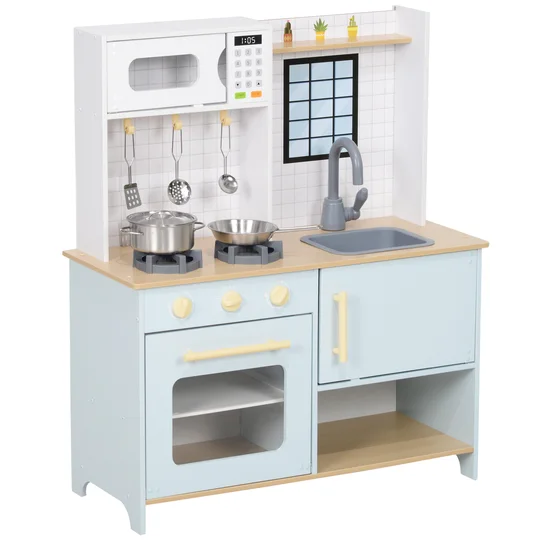 AIYAPLAY Cuisine enfant cuisine en bois enfant avec micro-ondes cuisinière pour enfants 3+ ans 72 x 33 x 85,2 cm bleu