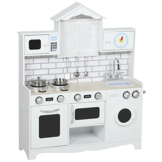 AIYAPLAY Cuisine Jouet pour Enfants 3-6 Ans en Bois avec Ensemble d&rsquo;Accessoires, Évier et Boutons sonores, Blanc