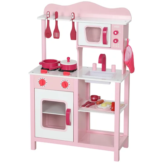AIYAPLAY Cuisine jouet pour enfants 3+ ans avec micro-ondes, plaque de cuisson et évier, en bois, 55x24x86 cm, Rose