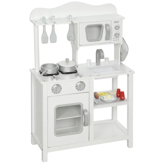 AIYAPLAY Cuisinette en bois avec son, accessoires, évier et micro-ondes pour enfants à partir de 3 ans, Blanc
