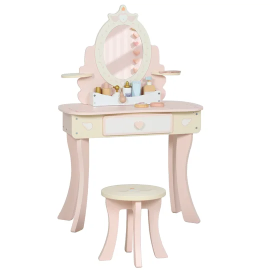 AIYAPLAY Coiffeuse enfant fille table de maquillage 2 en 1 avec 7 accessoires de jeu miroir en acrylique 59,8×29,6×89,8cm rose