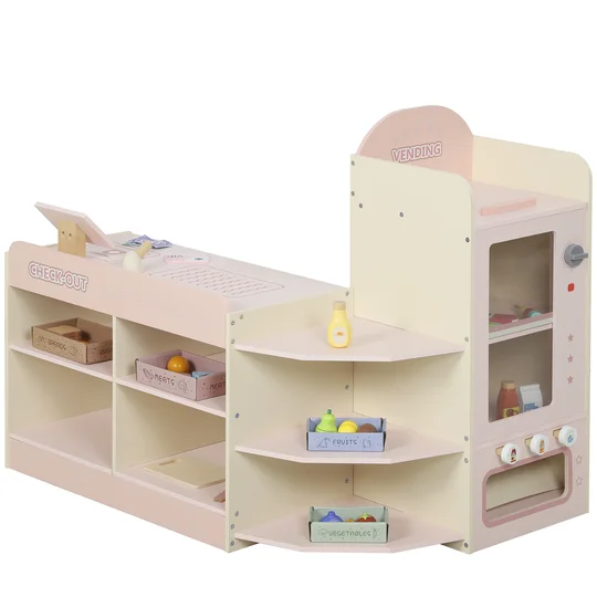 AIYAPLAY Supermarché pour enfant, marchande en bois, caisse enregistreuse, distributeur et accessoires, 90,7x60x73,8cm, vert