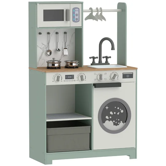 AIYAPLAY Cuisine enfant jouet d&rsquo;imitation, dinette enfant avec cuisinière, évier, micro-ondes, 5 accessoires, vert