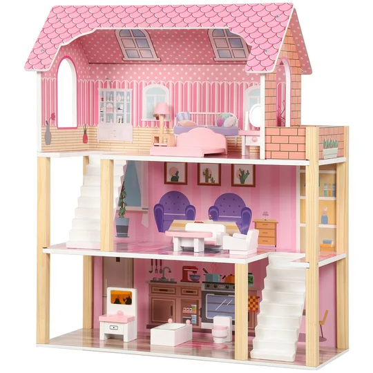 AIYAPLAY Maison de Poupée en Bois pour Enfants, Maison de Rêve Filles à 3 Étages avec Balcon, Escaliers et 10 Accessoires, Rose