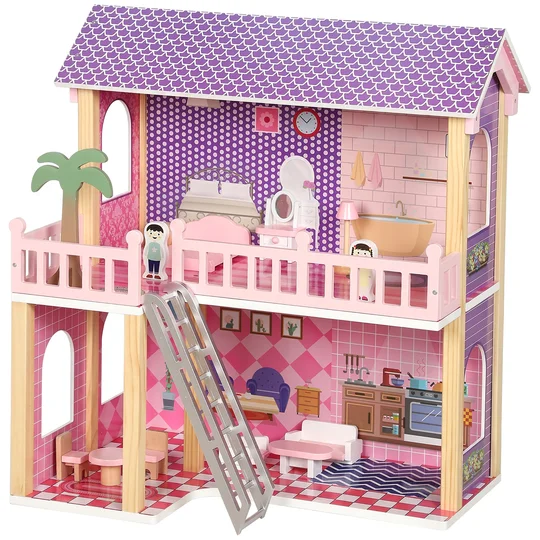 AIYAPLAY Maison de poupées en bois pour enfants, 2 étages, 11 meubles, Cadeau pour filles 3-6 ans, Rose