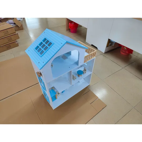 AIYAPLAY Maison de poupée en bois 3 étages avec ascenseur et balcon 5 pièces et 13 meubles pour enfants de 3 à 6 ans Bleu