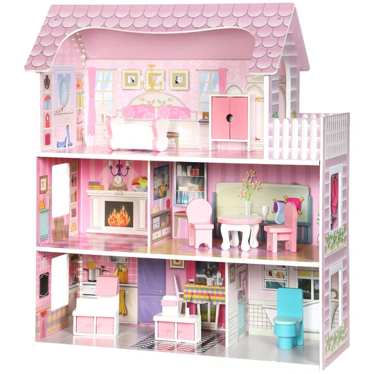 AIYAPLAY Maison de Poupée en Bois pour Enfants, Maison de Rêve Filles, 6 Pièces, Éclairage LED et 8 Meubles, 3-6 ans, Rose
